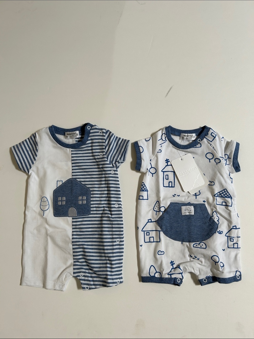 Mayoral Blue & White Striped Cotton 2 pc Romper set in box w/ handle. NWT